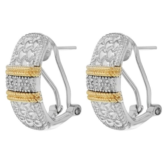 Round Cut Diamond Ladies Huggies Earrings 14k White & Yellow Gold 0.03cttw - Picture 3 of 3